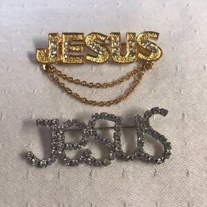 2 Rhinestone JESUS Brooch’s 1 Gold Tone and 1 Silver Tone